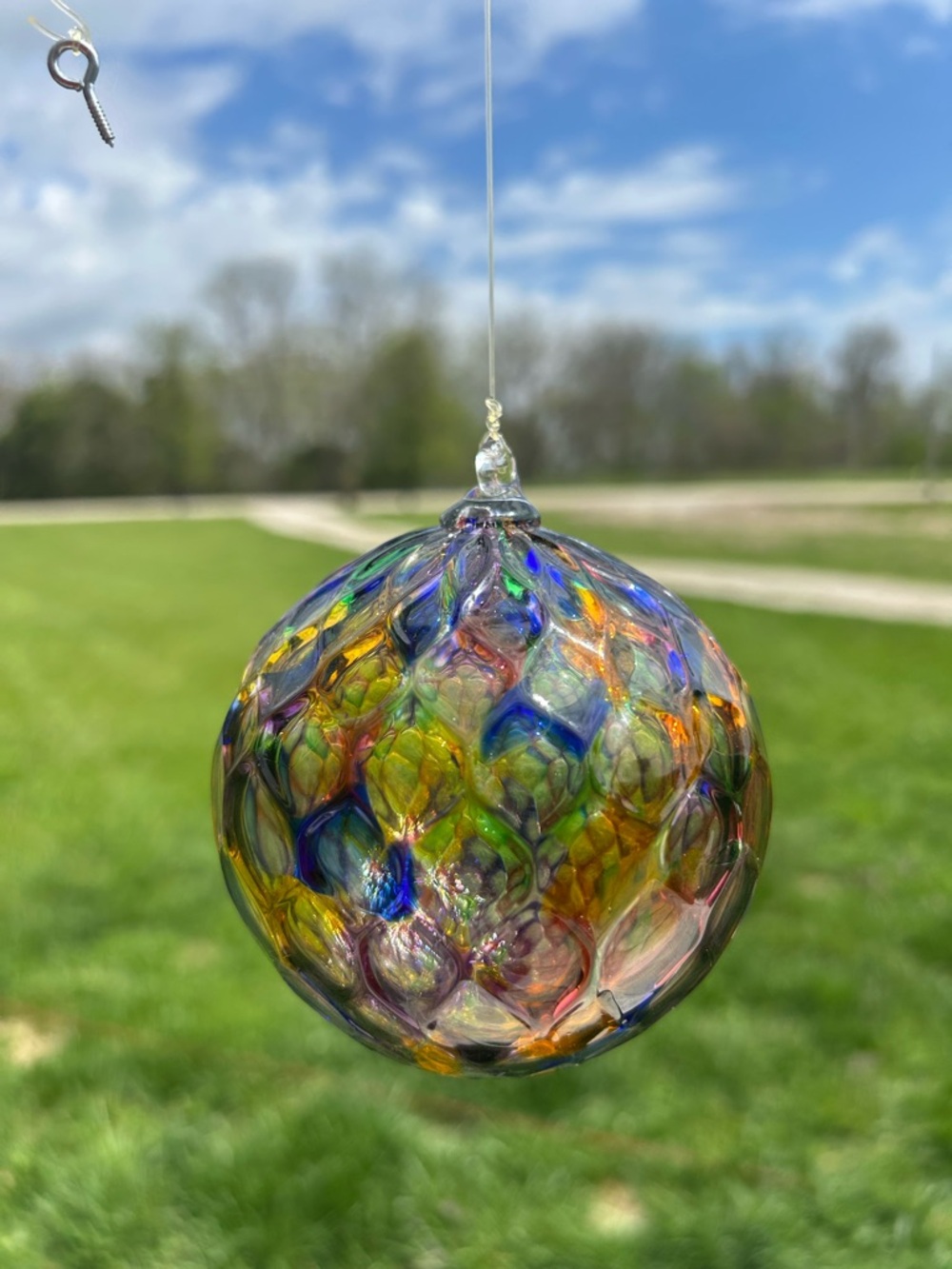 Hyland Hand Blown Art Glass Ornament Multicolor Iridescent Bubble Orb Honeycomb